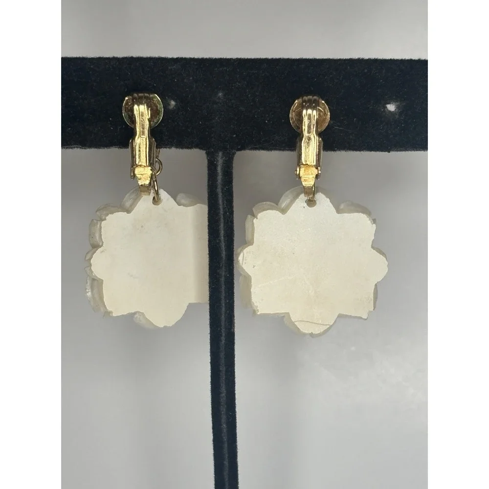 Vintage Hand Carved White Rose Dangle Clip On Earrings Floral Celluloid Resin